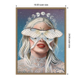 Portrait of a blonde woman with red lips wearing white lace and a large white moth covering her eyes, set against a starry blue and purple background with lunar phase symbols.
