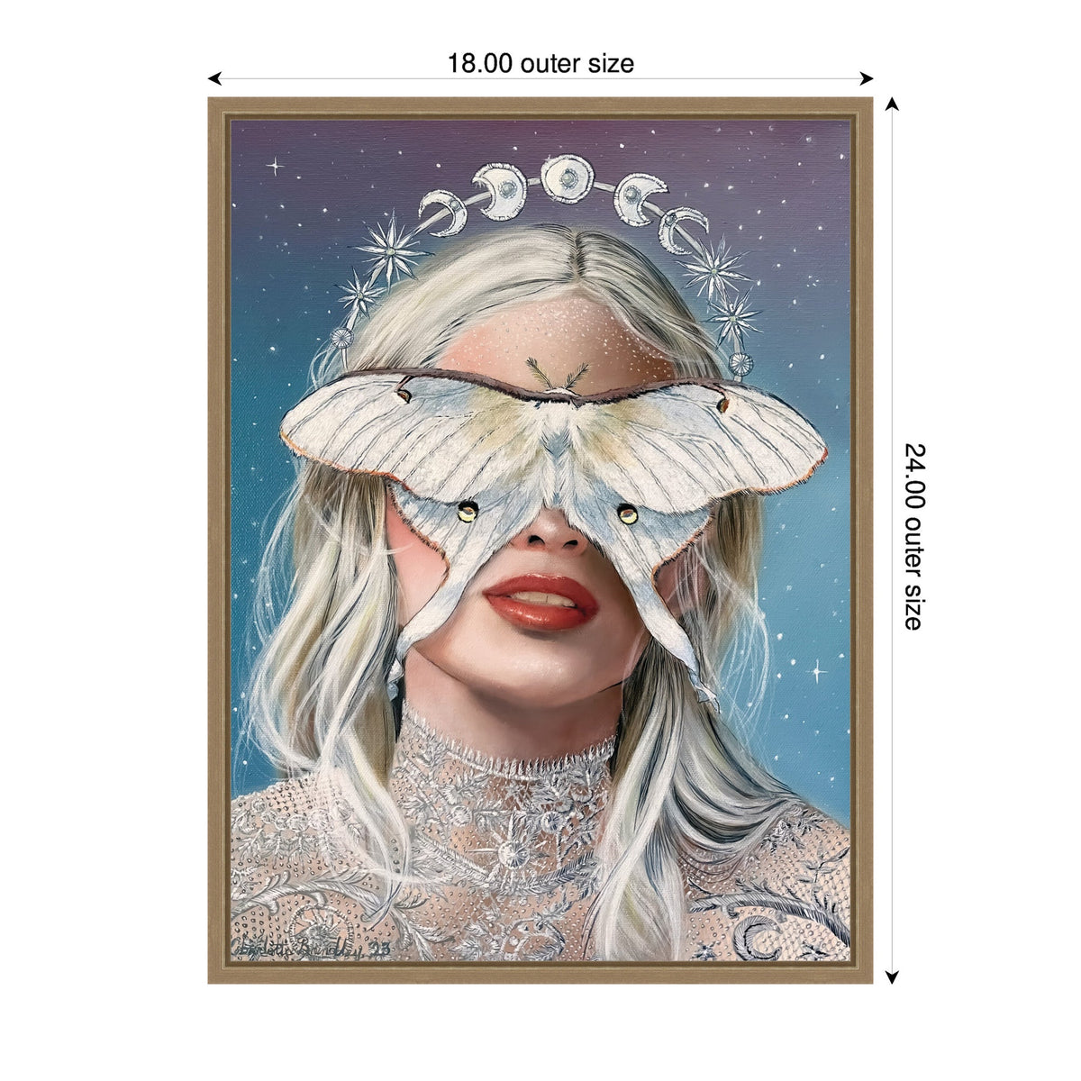 Portrait of a blonde woman with red lips wearing white lace and a large white moth covering her eyes, set against a starry blue and purple background with lunar phase symbols.