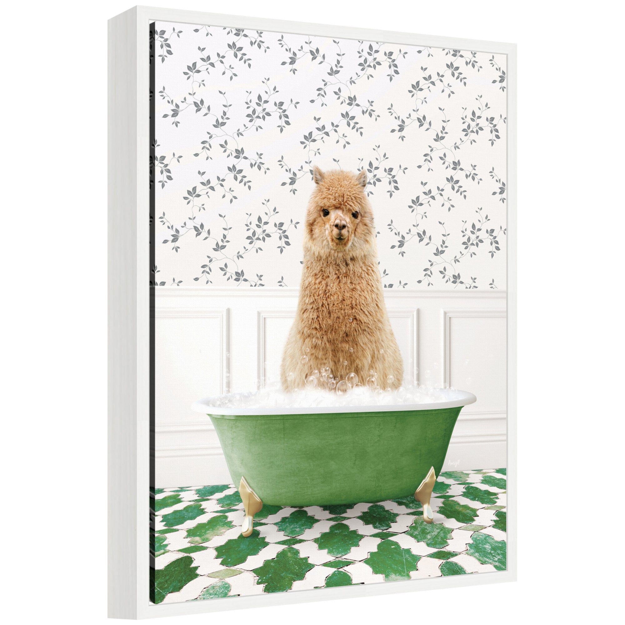Framed canvas art of an alpaca sitting in a green bathtub surrounded by eclectic decor