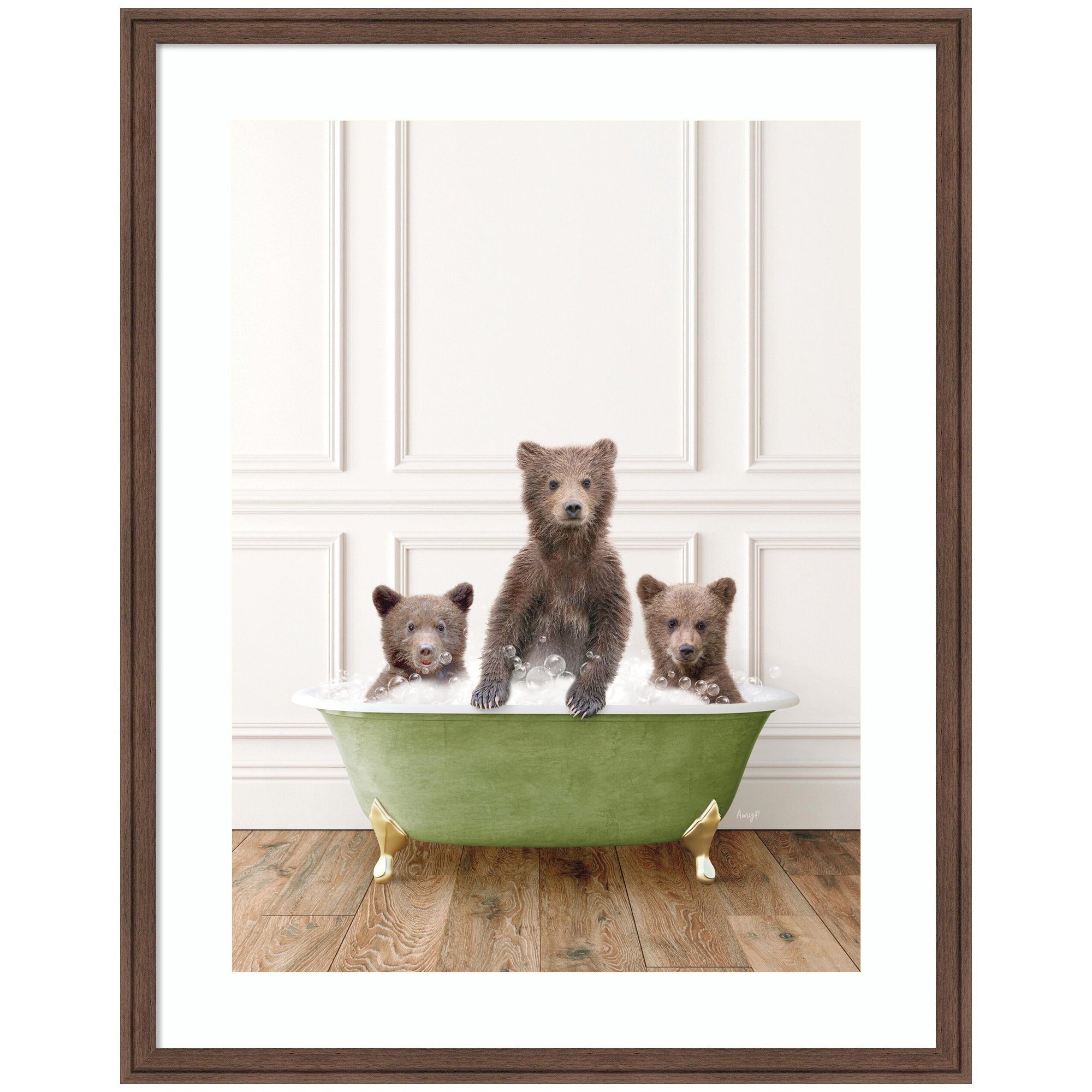 Three Bear Cubs in Transitional Bathtub by Amy Peterson Framed Wall Art Print