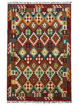 Afghani Maimana Kilim Wool Rug unfolded on floor showing detailed traditional pattern in wool