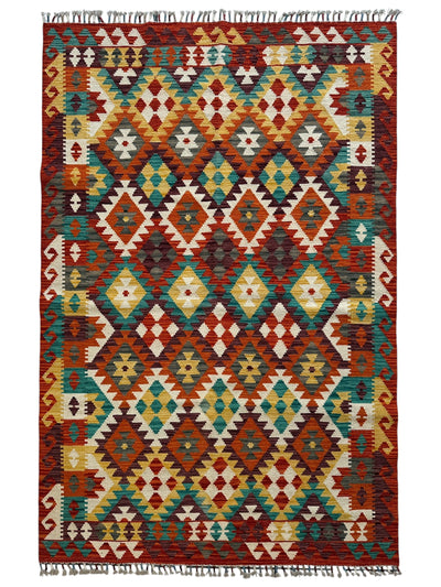 Afghani Maimana Kilim Wool Rug unfolded on floor showing detailed traditional pattern in wool