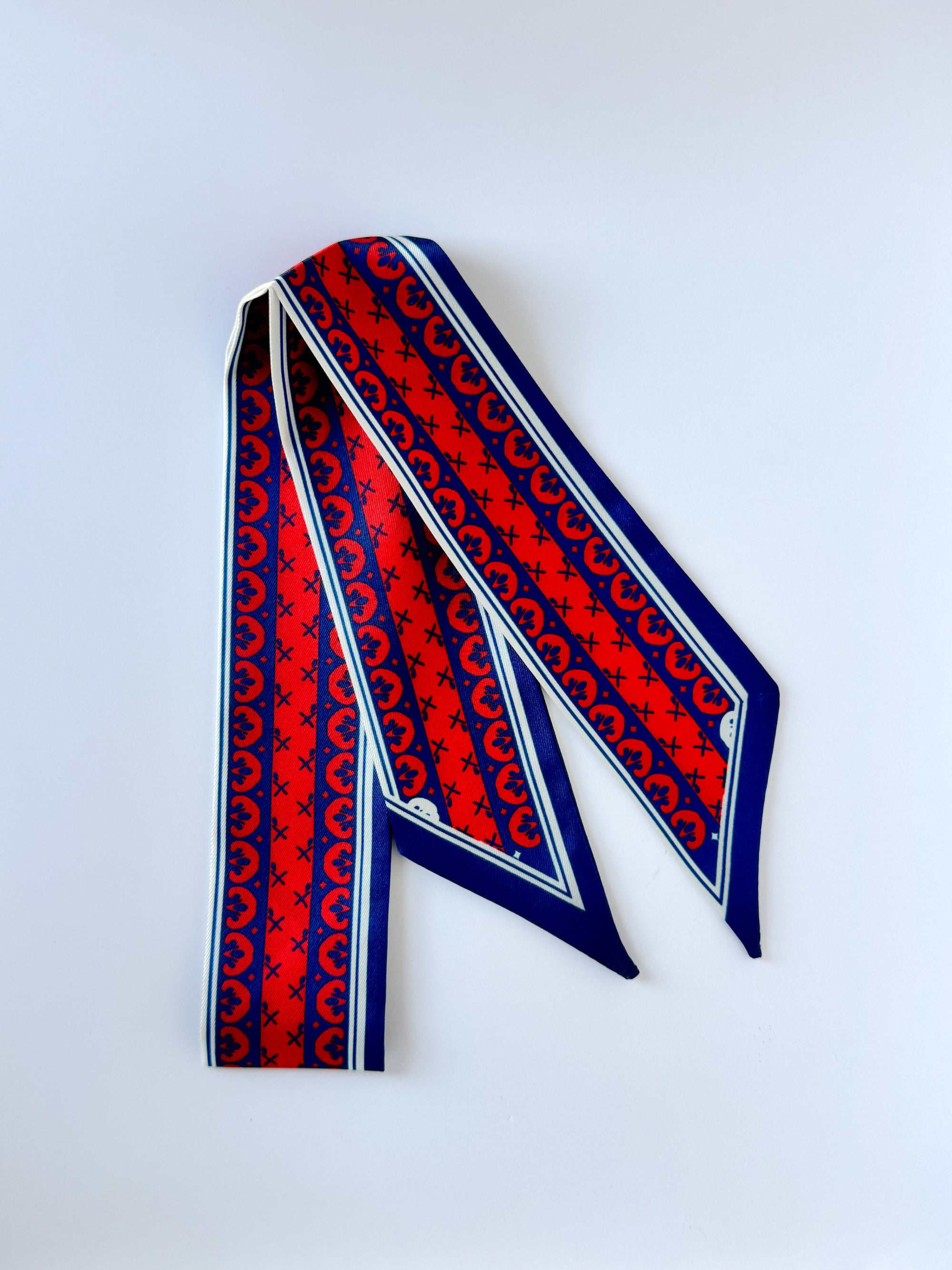 Navy Blue and Crimson Ribbon Twilly silky skinny scarf by Hibiscus Linens