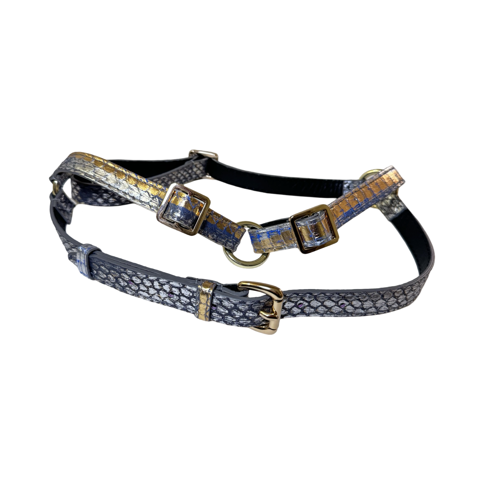 The Royal Harness in custom Gold/Silver/Blue Snake pattern displayed flat
