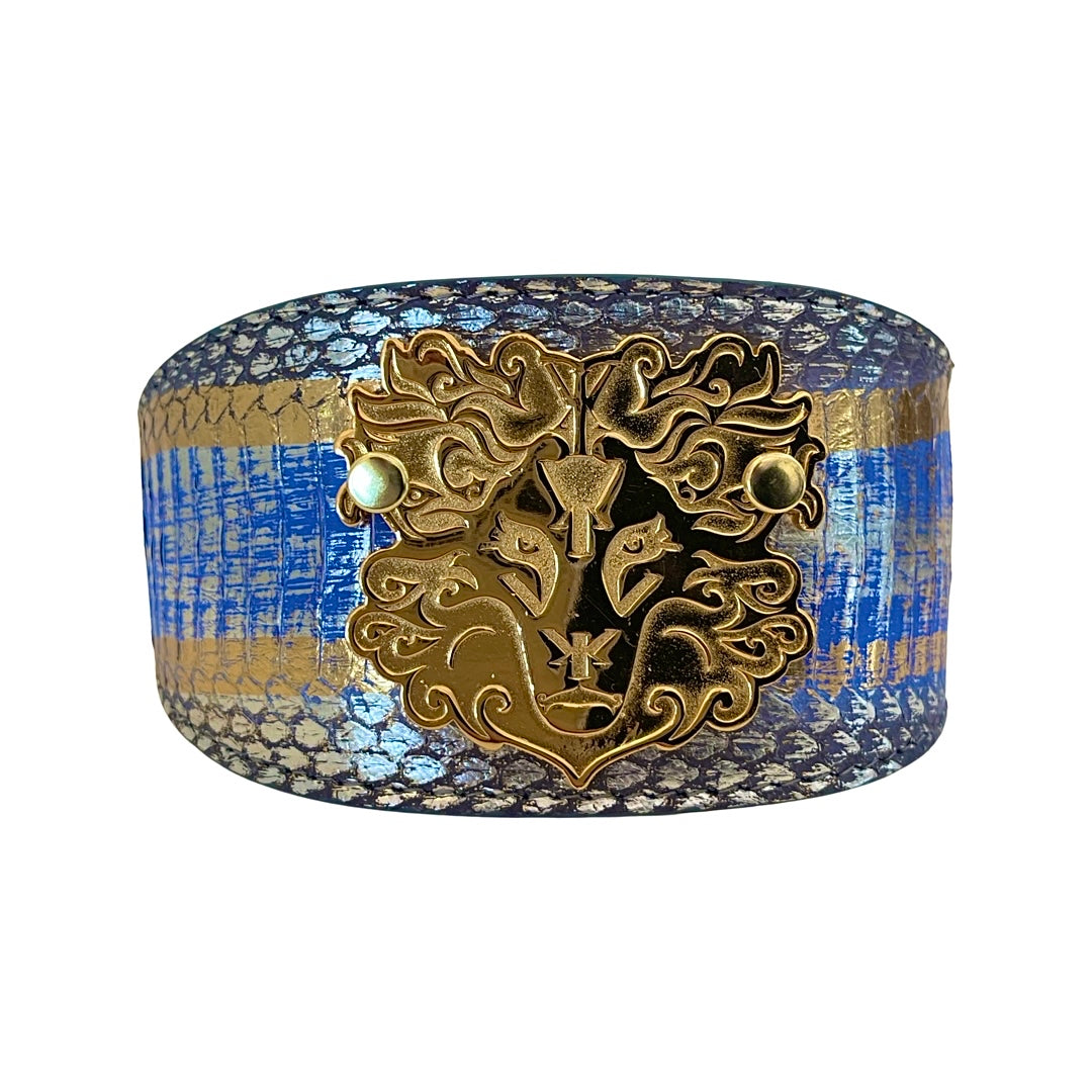 Multi-color snake patterned collar with custom lion head detail displayed on a white background