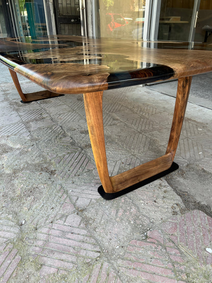Epoxy Resin River Dining Table with Walnut Wood Legs showcasing natural wood and vibrant resin river design