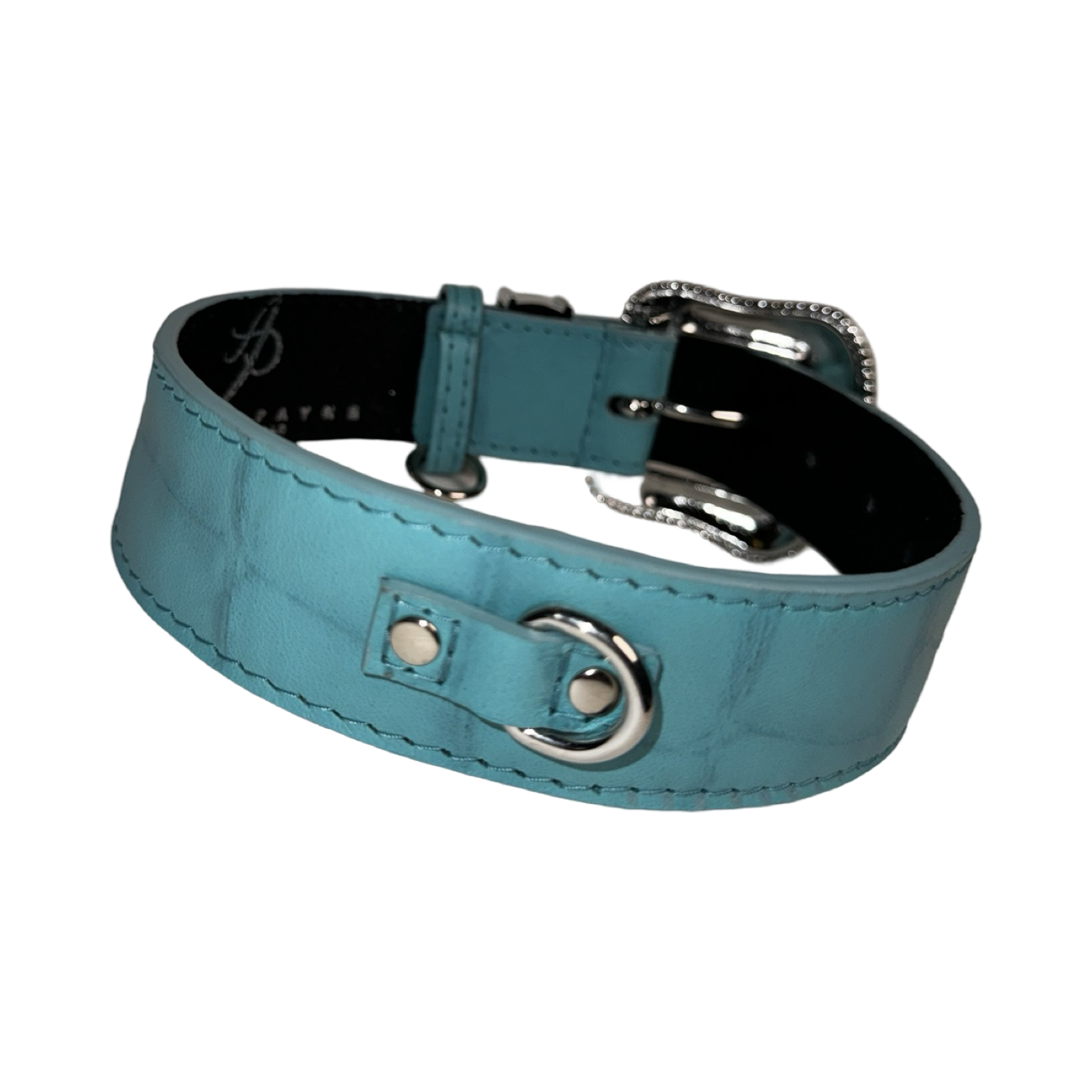 The Tiffany Collection. Gorgeous Turquoise Blue Embossed Croc Italian Leather Collar with Custom Silver Swarovski Crystal Hardware