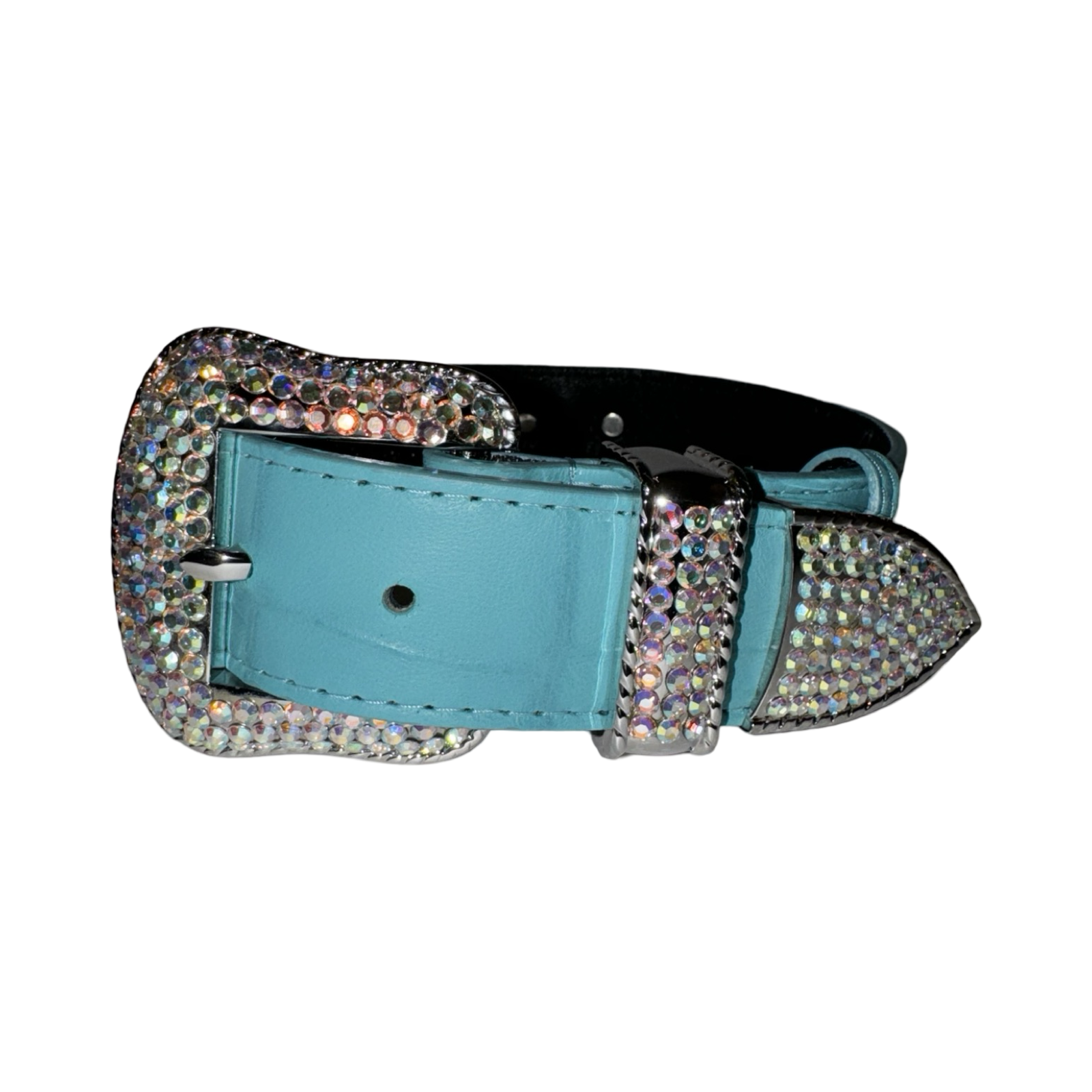 The Tiffany Collection. Gorgeous Turquoise Blue Embossed Croc Italian Leather Collar with Custom Silver Swarovski Crystal Hardware