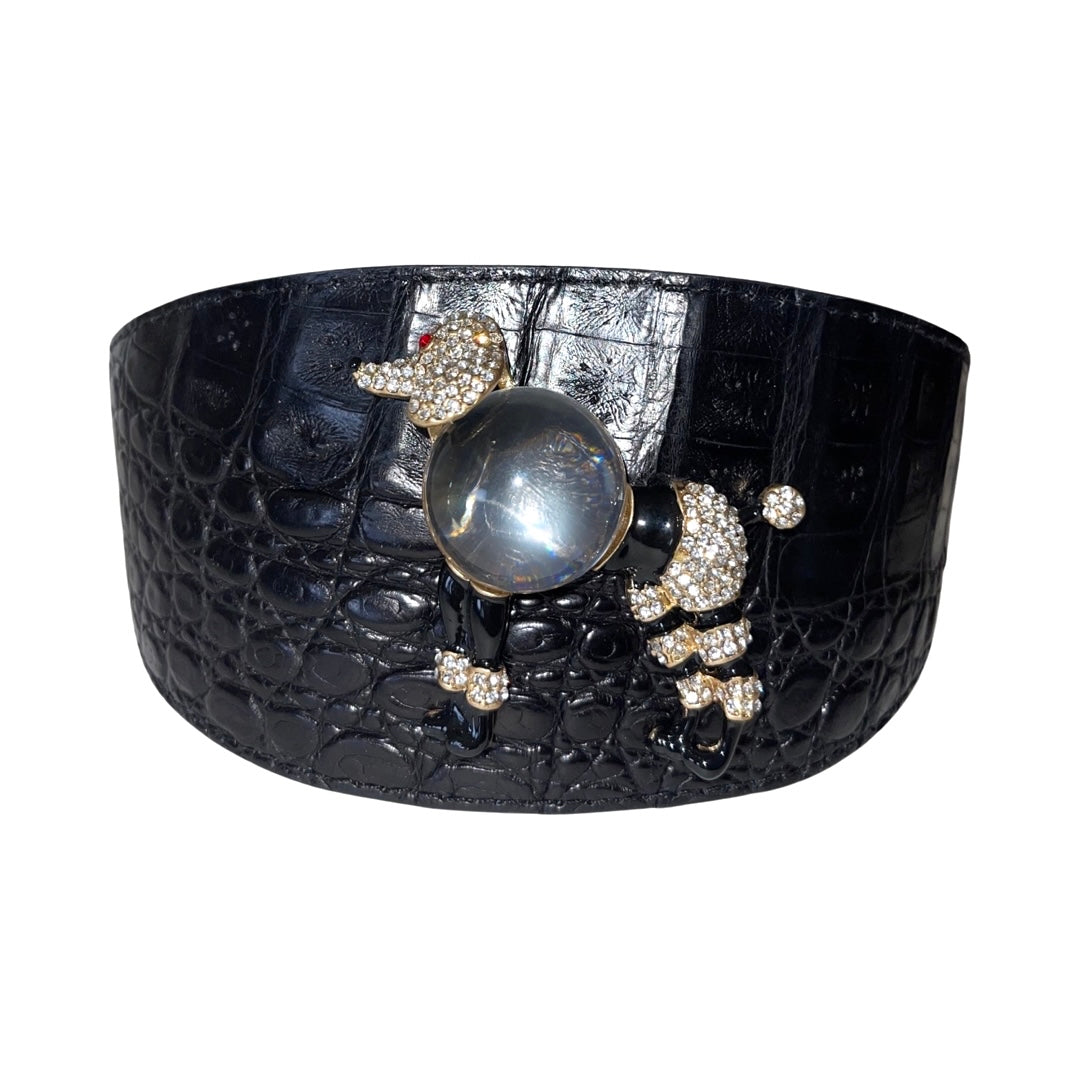 Black Croc 3” wide poodle collar with Clear & Black/Rhinestone Poodle Rivet by Allysa Payne Beverly Hills