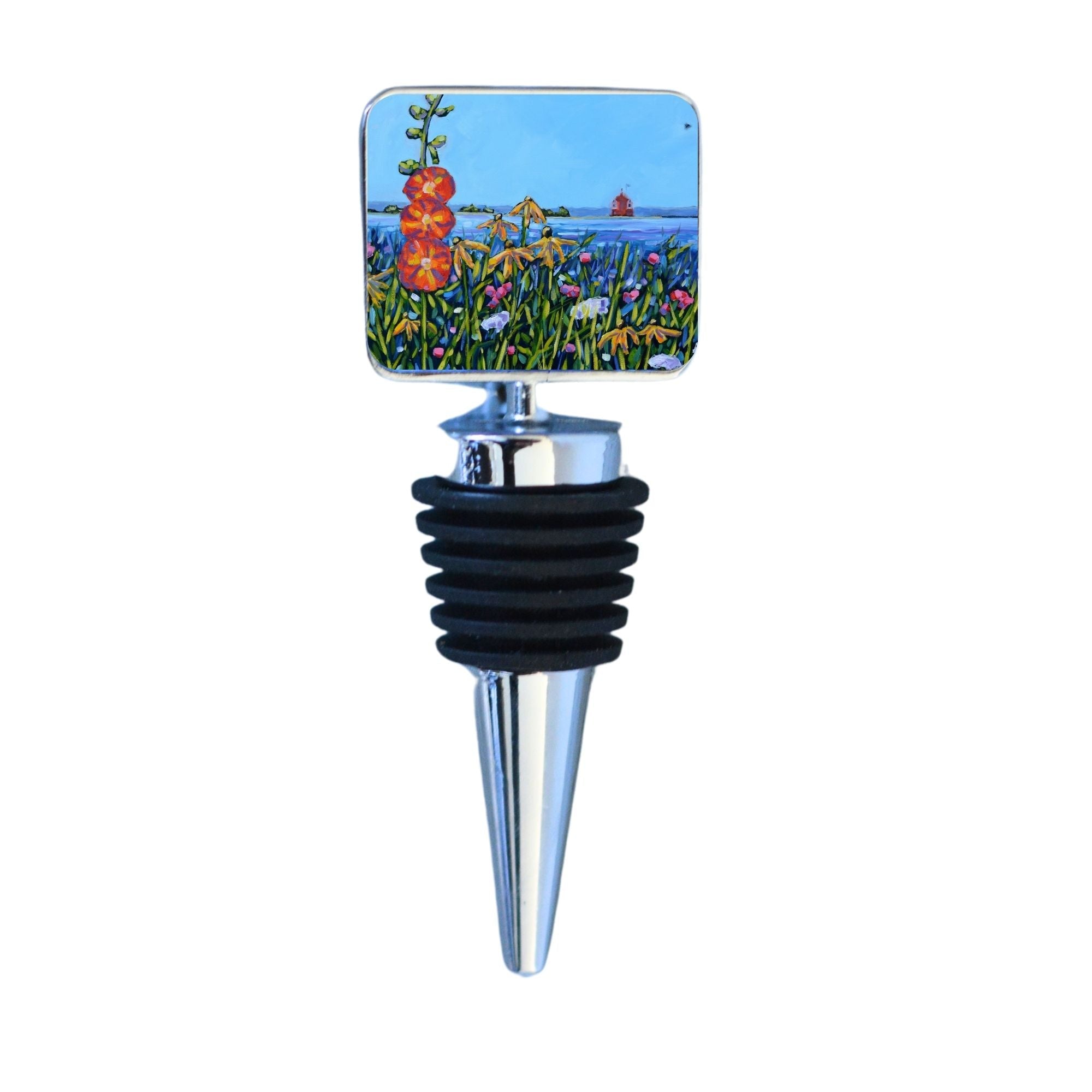 Wine Bottle Stopper: Hollyhocks at Mackinac Island