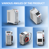 Portable 2000W fiber laser cleaner with white metal casing, ventilation panels, touchscreen interface, emergency stop button, and attached handheld laser gun with black cable.