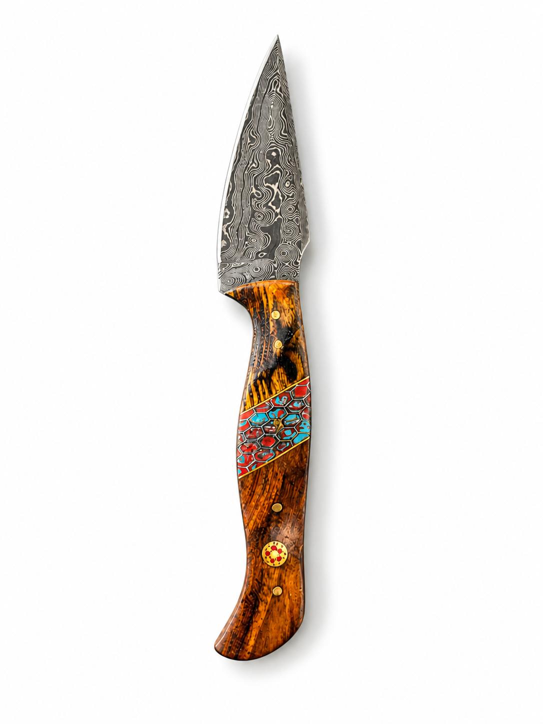 Titan "Painted Mesa" Damascus Hunting Knife | Cocobolo Rosewood & Turquoise Mosaic Handle | Hand-Tooled Leather Sheath