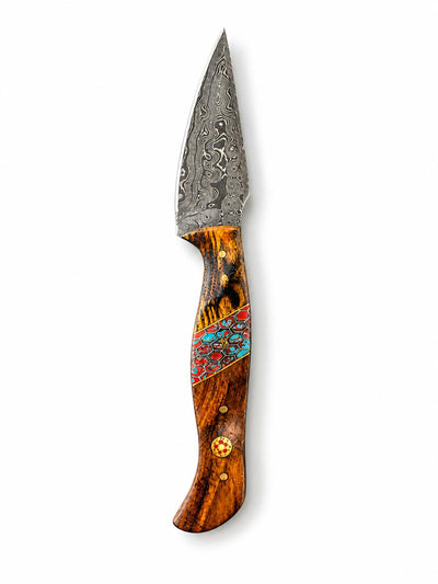 Titan "Painted Mesa" Damascus Hunting Knife | Cocobolo Rosewood & Turquoise Mosaic Handle | Hand-Tooled Leather Sheath