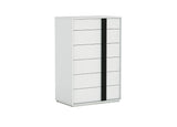 Tall white chest of drawers with seven horizontal drawers and a contrasting vertical black handle strip on the right side, shown on a white background.