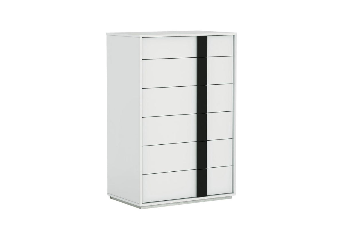 Tall white chest of drawers with seven horizontal drawers and a contrasting vertical black handle strip on the right side, shown on a white background.