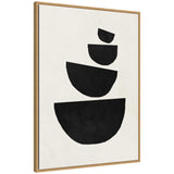 Framed canvas featuring four stacked black geometric shapes on a cream background, arranged from largest at the bottom to smallest at the top in abstract style.