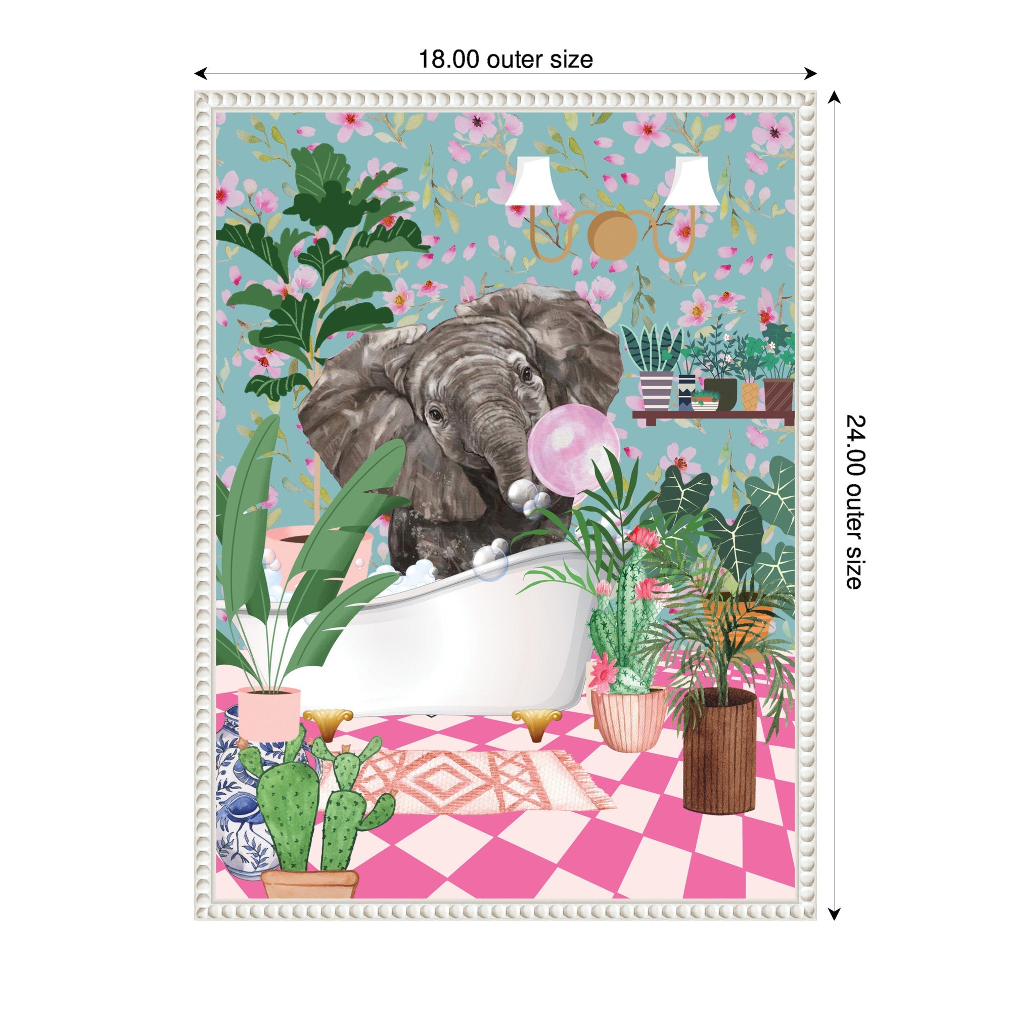Sylvie Maximalist Bathroom Elephant Bubblegum Framed Canvas by Honey Island Studio