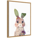 Watercolor rabbit portrait with large black eyes, green leafy ears, and purple and yellow flowers adorning its head and chest, on a white background.