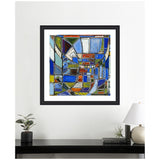 Abstract geometric framed artwork with intersecting shapes in blue, green, orange, and white, hung above a black table with plants, books, and a lamp.