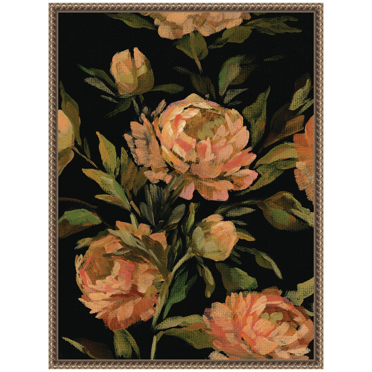 Framed canvas painting of peach and green floral blooms on a black background with textured brushstrokes, surrounded by an ornate gold frame.