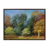 Framed impressionist canvas painting of Sylvie Forest in autumn by Nel Whatmore, featuring vibrant trees with golden, green, and rusty red foliage under a soft blue sky.