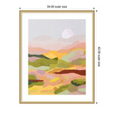 Abstract landscape painting with layered pastel hills in pink, green, yellow, and brown under a pale sky with a white sun, framed in light wood.