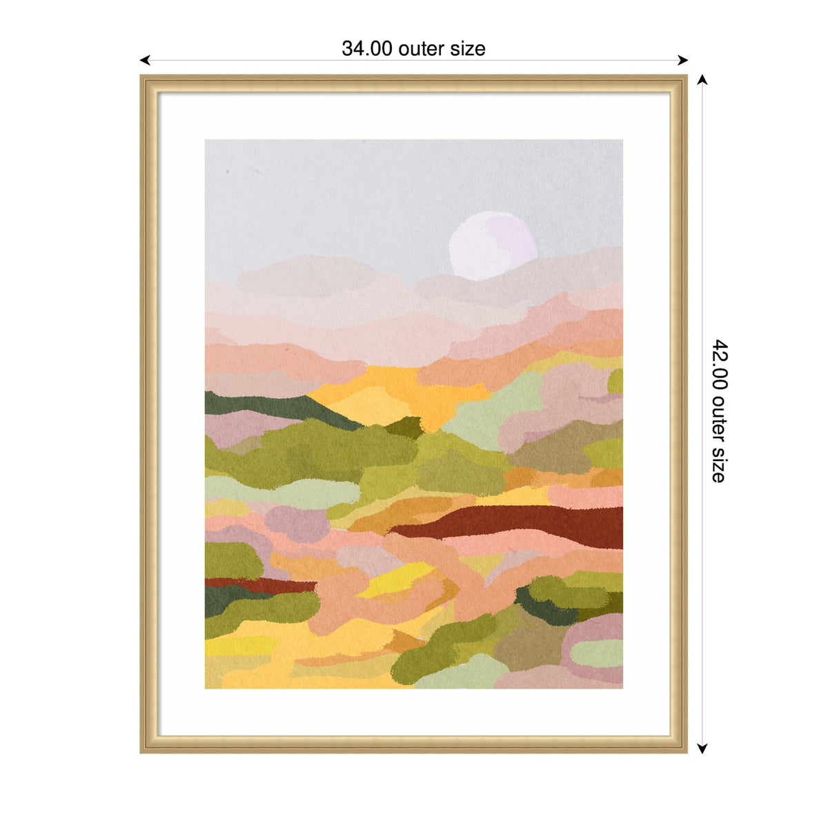 Abstract landscape painting with layered pastel hills in pink, green, yellow, and brown under a pale sky with a white sun, framed in light wood.