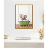 Illustration of a baby elephant sitting inside a green clawfoot bathtub against white paneled walls and a wooden floor.