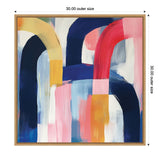 Abstract painting with bold curved brushstrokes in navy blue, red, pink, yellow, and white, framed in natural wood, sized 30x30 inches.
