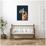 Wall art of a tiger profile with orange and black stripes against a solid navy blue background, displayed above a wooden bench with white cushions in a minimalist room.