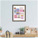 Framed wall art print featuring illustrated matchbooks and the Libra zodiac sign, mounted above a wooden desk with plants and office supplies.
