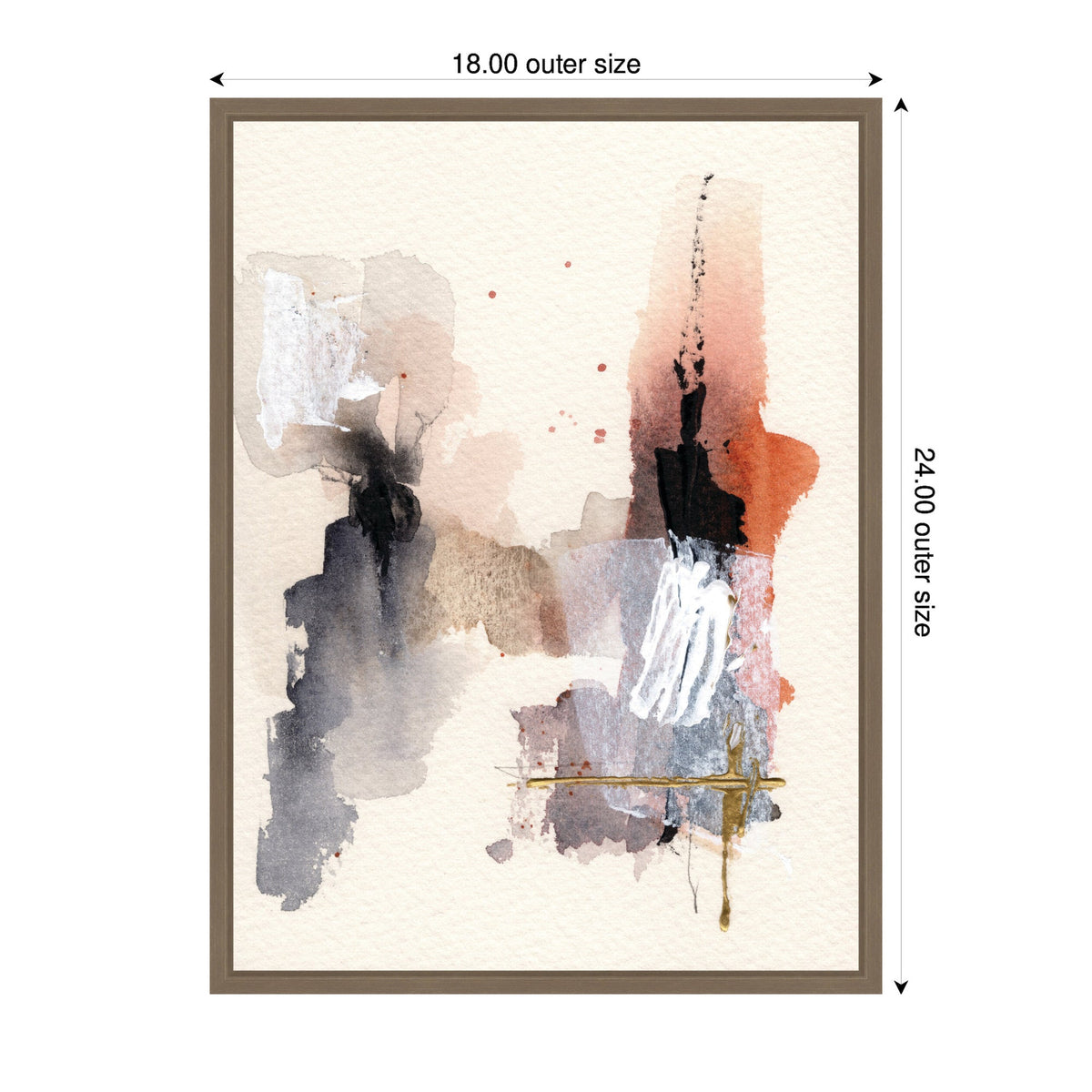 Abstract framed watercolor painting with soft beige background, featuring black, gray, rust, white patches, and thin gold linear accents in a vertical composition.