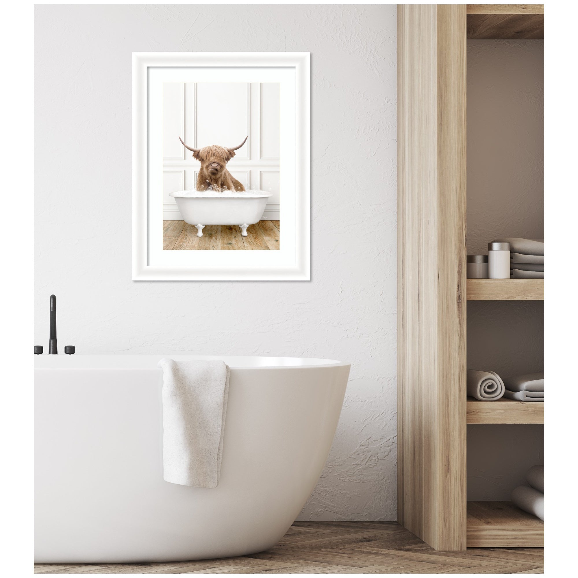 Highland Cow in Traditional Vintage Bathtub by Amy Peterson Framed Wall Art Print