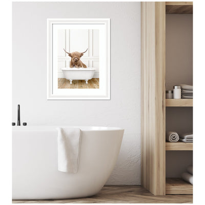 Highland Cow in Traditional Vintage Bathtub by Amy Peterson Framed Wall Art Print