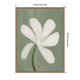 Simple white flower with elongated petals and a green stem on muted sage green background, presented in a thin brown wooden frame.