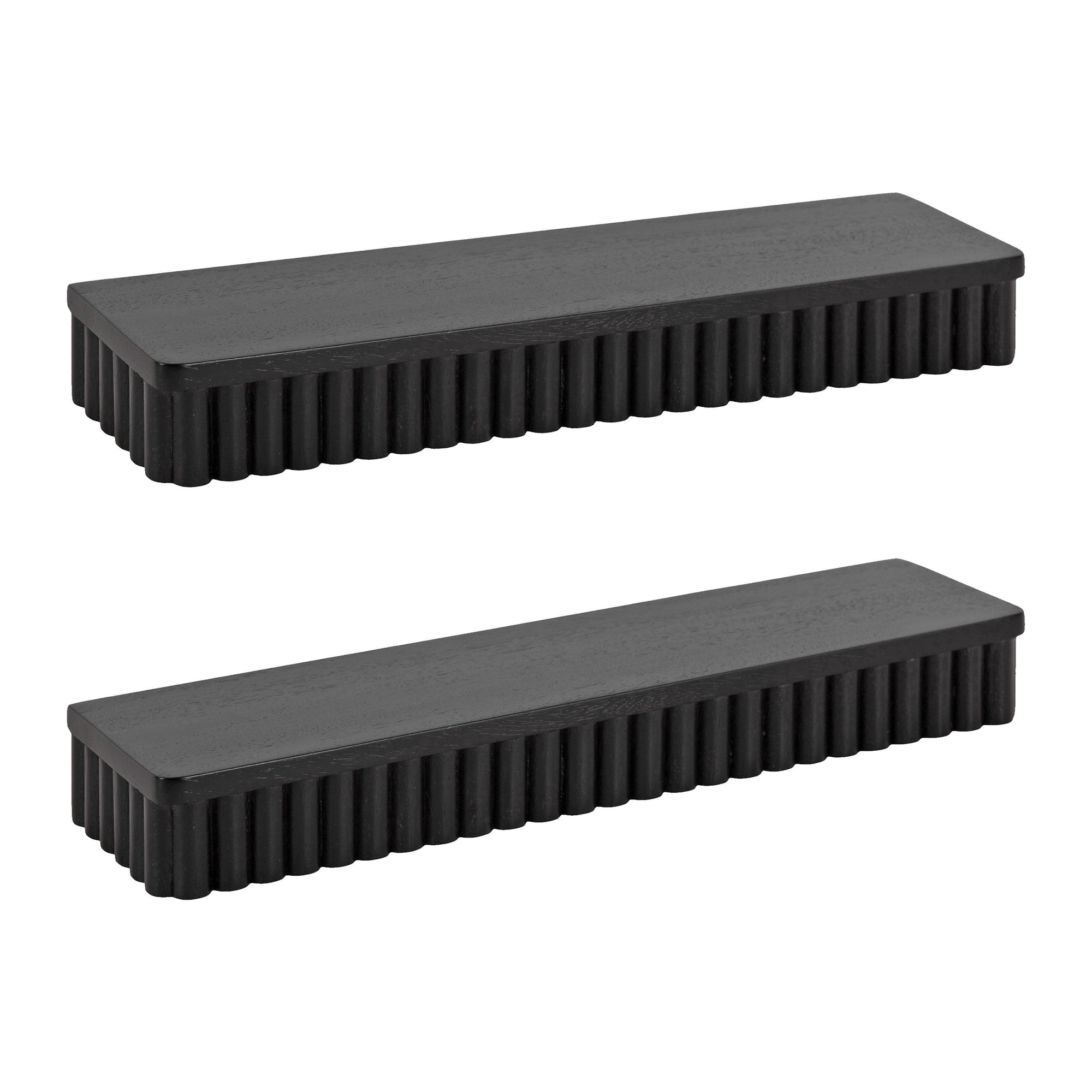 Reid Ribbed Floating Shelves in natural finish mounted on a white wall with decor items.
