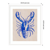 Blue ink illustration of a lobster with detailed claws and segmented body on beige paper, framed in a white mat with dimensions labeled around it.