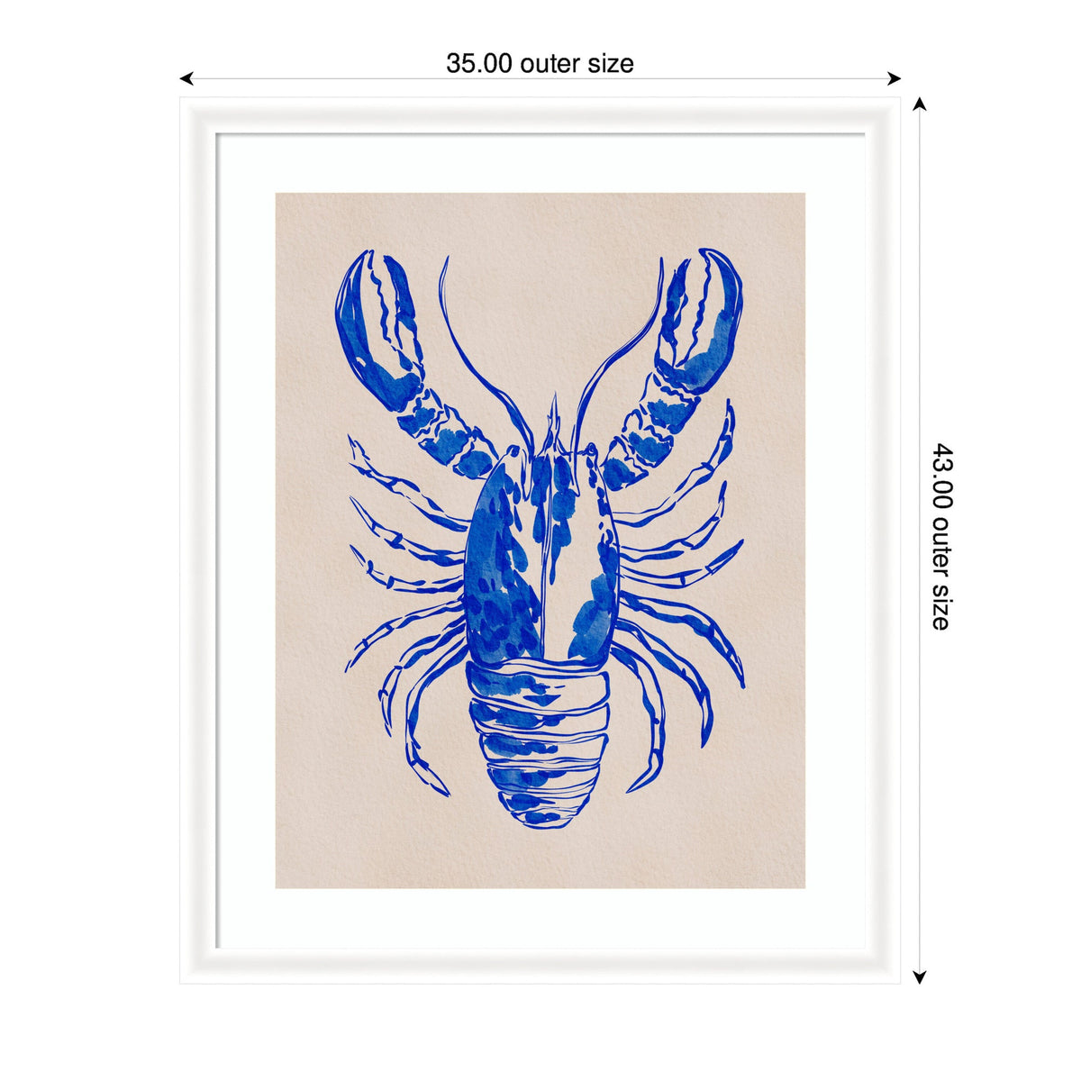 Blue ink illustration of a lobster with detailed claws and segmented body on beige paper, framed in a white mat with dimensions labeled around it.