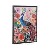 Framed vibrant illustration of a blue peacock with a detailed tail surrounded by colorful, stylized flowers and leaves against a white background.