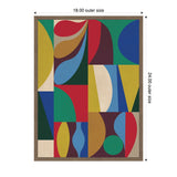 Abstract geometric composition with overlapping colorful shapes including circles, curves, and rectangles in red, blue, green, yellow, brown, and beige, within a slim wooden frame.