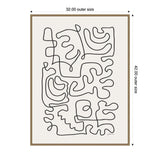 Framed canvas print featuring abstract continuous black line drawing on white background with curving, interconnected shapes, measuring 32 by 42 inches.