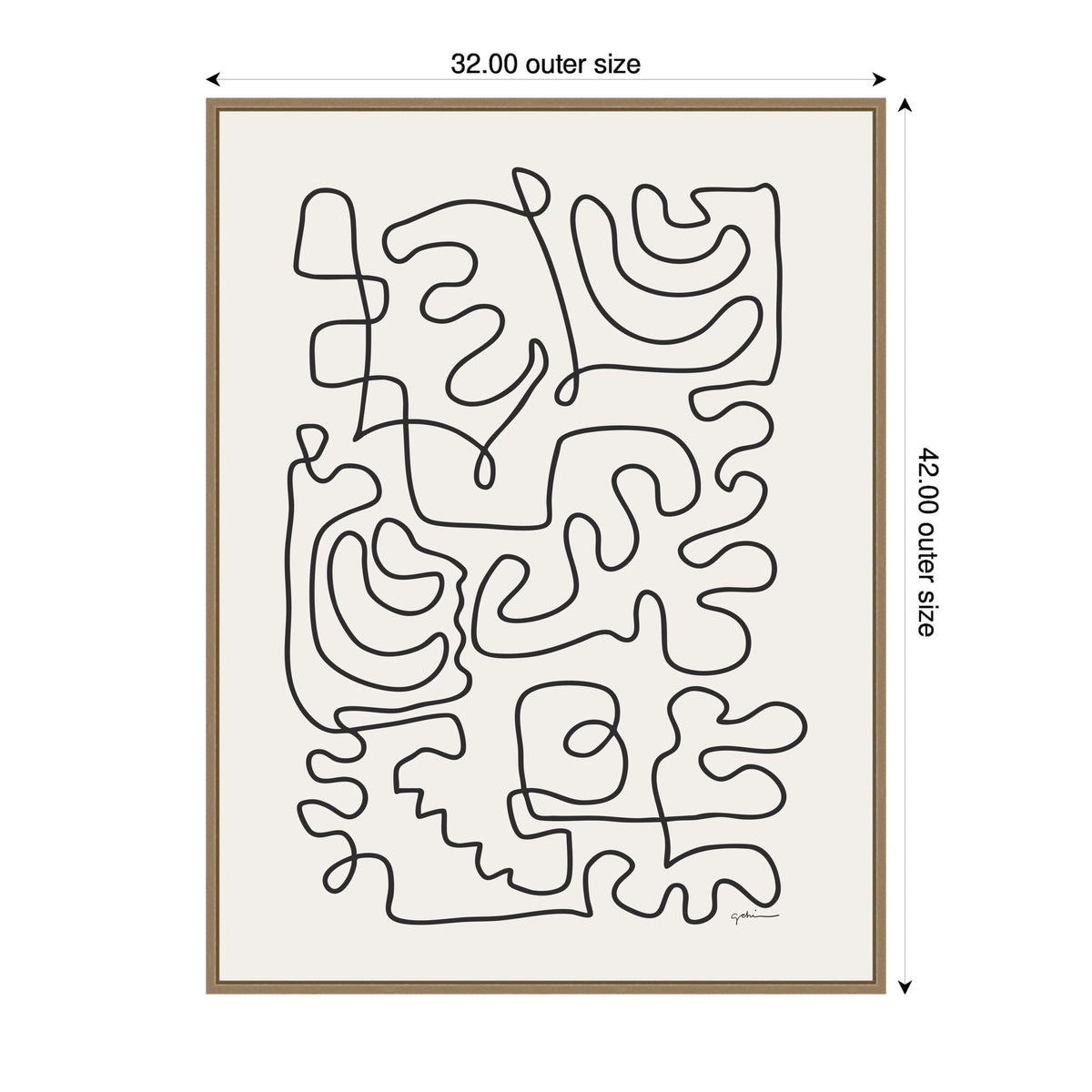 Framed canvas print featuring abstract continuous black line drawing on white background with curving, interconnected shapes, measuring 32 by 42 inches.