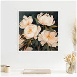 Square framed canvas featuring four large soft pink peonies with green leaves on a dark, blurred background hanging on a white wall above a minimalist white surface with neutral decor.