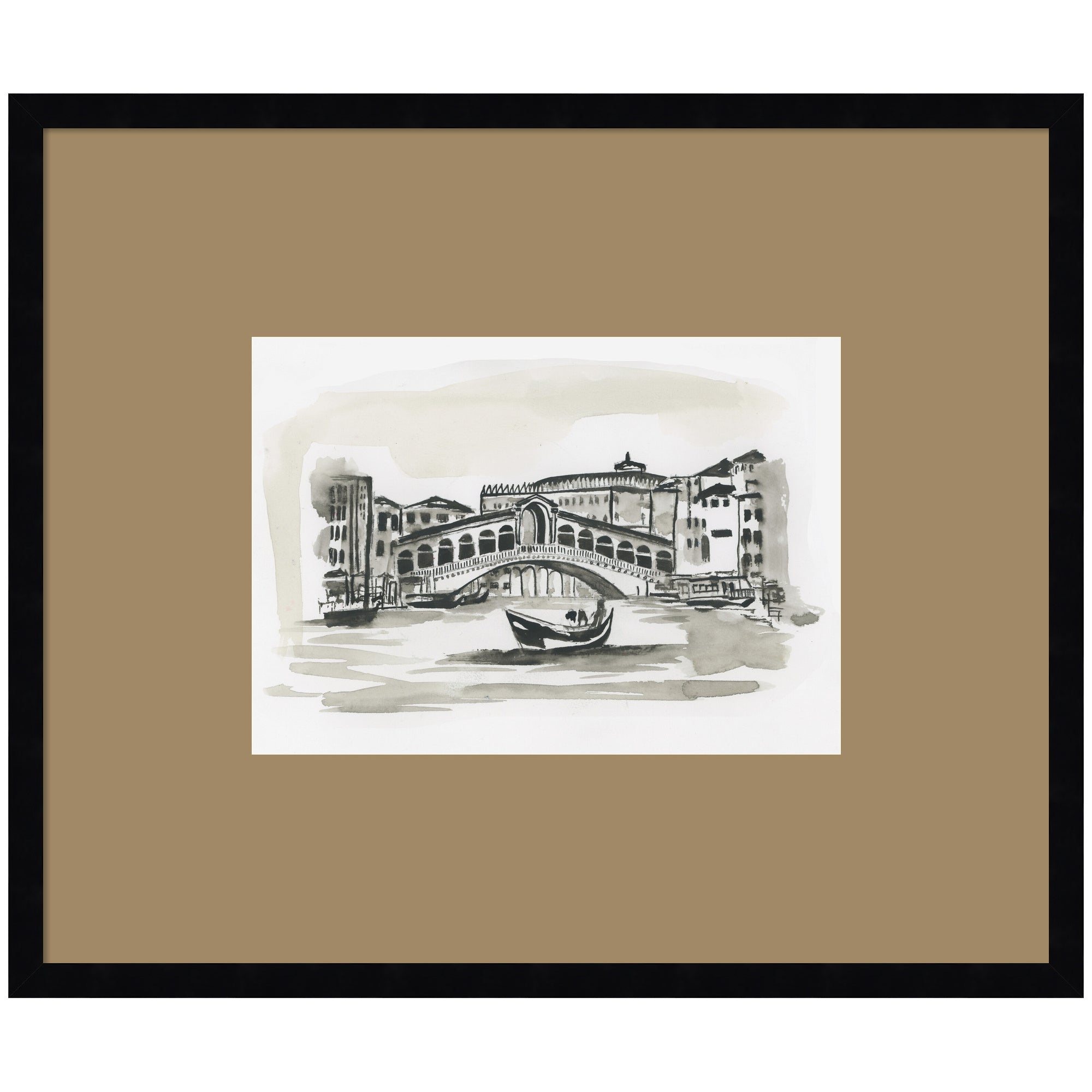 Framed wall art print titled Postcard Venice by Teju Reval showing cityscape in black designer moulding frame