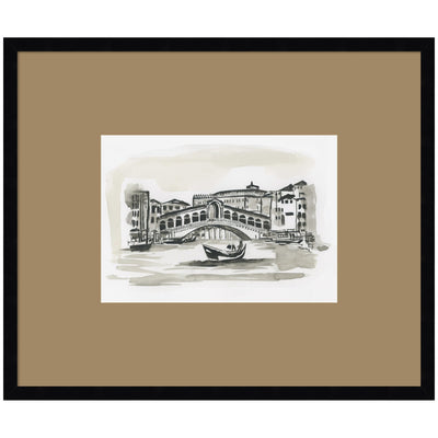 Framed wall art print titled Postcard Venice by Teju Reval showing cityscape in black designer moulding frame