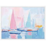 Abstract sailboats with pastel pink, blue, and orange sails on calm reflective water, set against a soft blue and white sky in impressionist style.