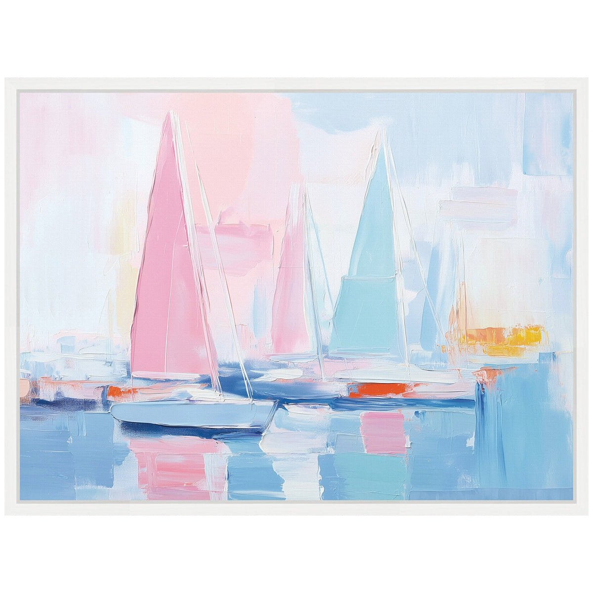 Abstract sailboats with pastel pink, blue, and orange sails on calm reflective water, set against a soft blue and white sky in impressionist style.