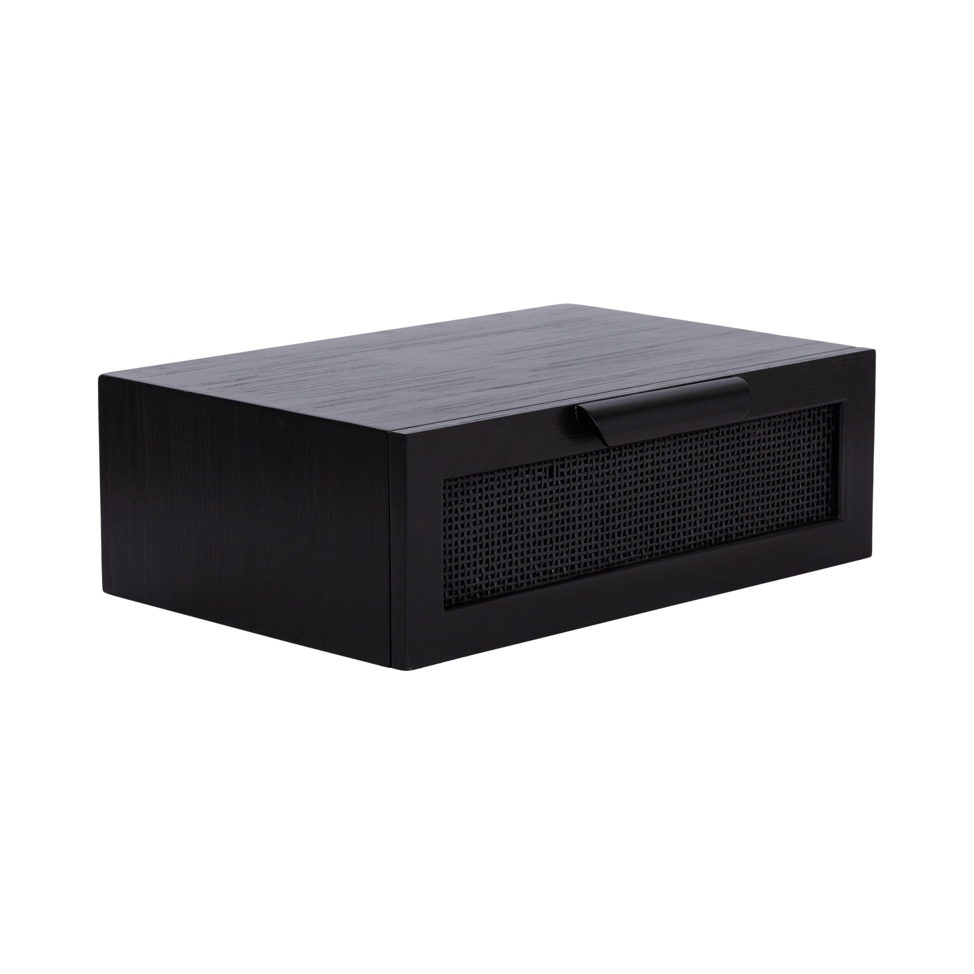 Black Ori Floating Side Table Rattan mounted on a white wall with decor items