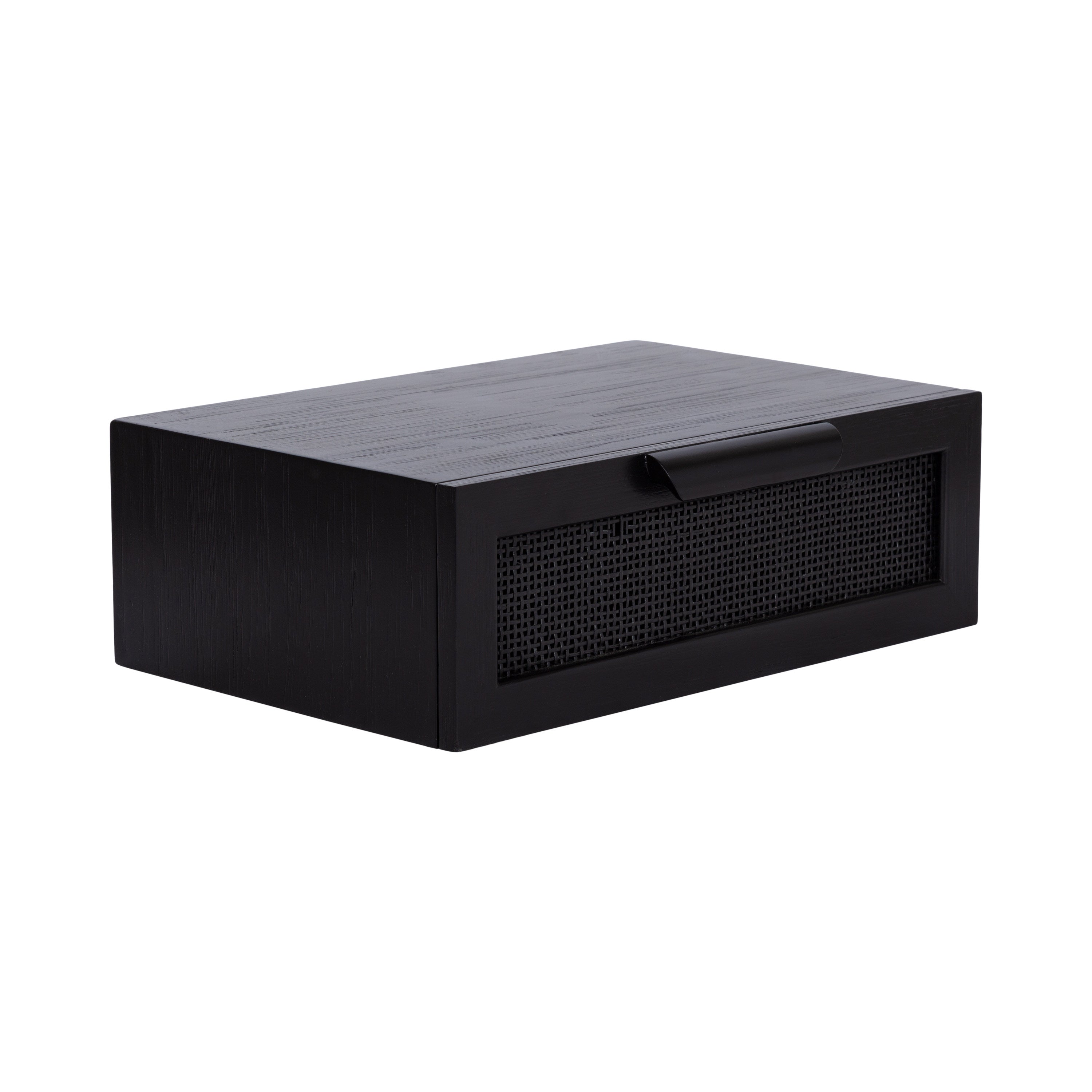 Black Ori Floating Side Table Rattan mounted on a white wall with decor items