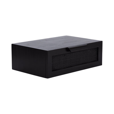 Black Ori Floating Side Table Rattan mounted on a white wall with decor items